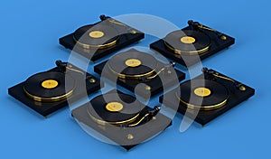 Set of vinyl record player or DJ turntable with retro vinyl disk on blue.