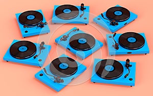 Set of vinyl record player or DJ turntable with retro vinyl disk on coral