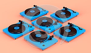 Set of vinyl record player or DJ turntable with retro vinyl disk on coral