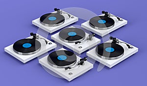 Set of vinyl record player or DJ turntable with retro vinyl disk on violet