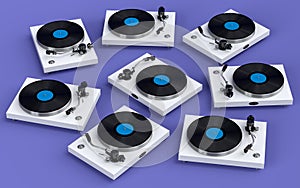 Set of vinyl record player or DJ turntable with retro vinyl disk on violet