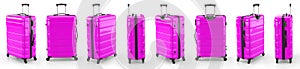 A set of violet suitcases on a white background. 3D rendering illustration.