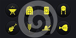 Set Violin, Braid, Wheat, Oktoberfest hat, Beer can, Farm House, Chicken leg and Barbecue grill icon. Vector