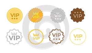 Set VIP badges in gold, silver and bronze color. Round label with three vip level. Modern vector illustration