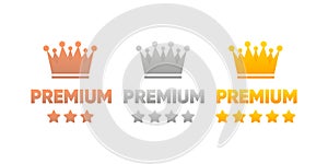 Set VIP Premium badges in gold, silver and bronze color. Exclusive Round labels. Three Premium level. Vector