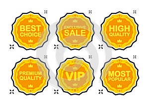 Set VIP Premium, most popular, exclusive sale, best choice, high quality badges in gold color. Exclusive Round labels