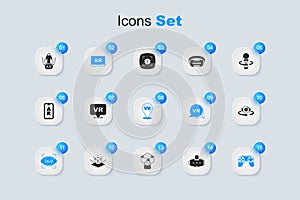 Set Virtual reality glasses, Augmented AR, 360 degree view, Gamepad, and icon. Vector