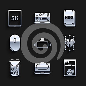 Set Virtual reality glasses, Cloud technology data transfer and storage, 3D printer, Processor, Video graphic card