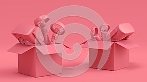 Set of virtual reality glasses and controllers in cardboard box on monochrome