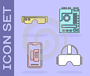 Set Virtual reality glasses, Smart glasses, Smartphone, mobile phone and Motherboard icon
