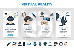 Set virtual reality simulator landing page design vector flat illustration. Augmented or extended vr