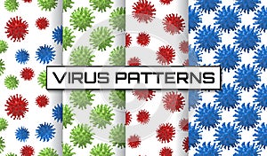 Set of virus bacteria cells seamless patterns. Flu, influenza, coronavirus wallpapers Background texture tiles of covid-19