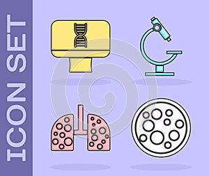 Set Virus, DNA spiral and computer, Virus cells in lung and Microscope icon. Vector