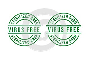 Set of Virus Free stamp vector illustration isolated on white background, Sterilized room or area. Sign, label, green color