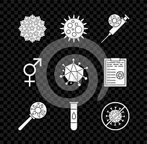 Set Virus, Syringe and virus, under magnifying glass, Blood test, Stop, Gender and icon. Vector