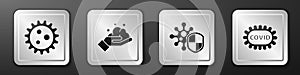 Set Virus, Washing hands with soap, Shield protecting from virus and Corona virus covid-19 icon. Silver square button