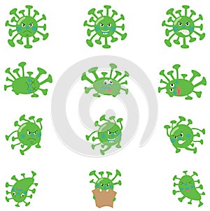 A set of viruses, aggressive and weakened, funny. Coronovirus. Cartoon style.