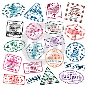 Set of visa stamps for passports. International and immigration office stamps. Arrival and departure visa stamps