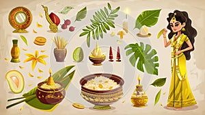 set of Vishu a cartoon characters and design elements. A special puja is held during which various products are offered