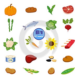 Set of Vitamin B origin natural sources. Healthy diary food, thiamin, fruits, greens, vegetables, fish, nuts, meat