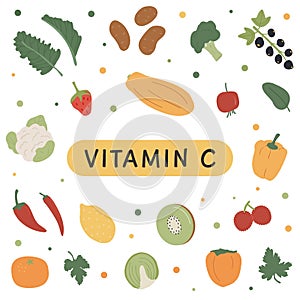 Set of Vitamin C foods for healthy diet. Square banner or card with fruits and vegetables enriched with ascorbic acid