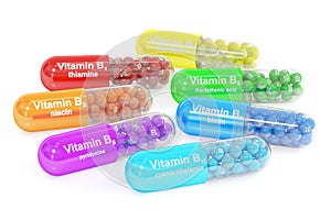 Set of vitamin capsules B1, B2, B3, B5, B6, B7, B12. 3D rendering