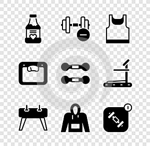 Set Vitamins, Dumbbell, Sleeveless t-shirt, Pommel horse, Hoodie, Fitness app, Bathroom scales and icon. Vector