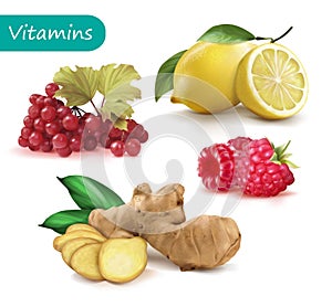 Set of vitamins to strengthen the immunity viburnum, lemon, ginger, raspberry photo