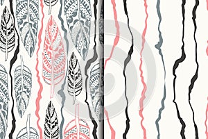 Set of vntage seamless patterns with tribal elements. Vector ill