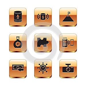 Set Voice assistant, Cash back, Clock and gear, Piece of puzzle, Bioengineering and Mountains flag icon. Vector