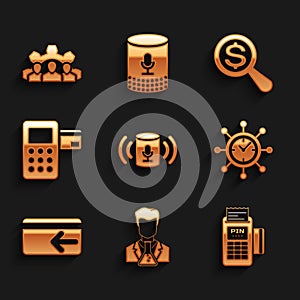 Set Voice assistant, Scientist and test tube, POS terminal, Clock gear, Cash back and Pos icon. Vector