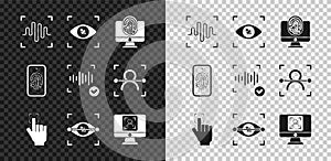Set Voice recognition, Eye scan, Monitor with fingerprint, Fingerprint, Face, Mobile and icon. Vector