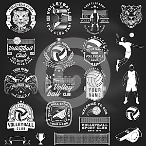 Set of volleyball club badge design on chalkboard. Vector illustration. For college league sport club emblem, sign, logo