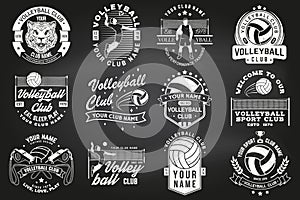 Set of volleyball club badge design on chalkboard. Vector illustration. For college league sport club emblem, sign, logo