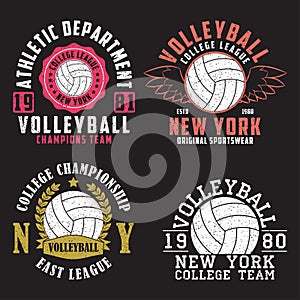 Set of Volleyball New York print for apparel with ball. Collection of vintage typography emblem for t-shirt. Vector.