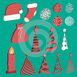 Set of volumetric Christmas icons in red and white colors. New year vector illustration icon