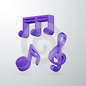 A set of voluminous musical notes of violet color, vector illustration