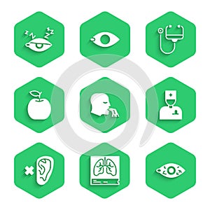 Set Vomiting man, Lungs x-ray, Reddish eye, Male doctor, Deaf, Apple, Stethoscope and Insomnia icon. Vector