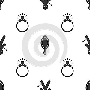 Set Voodoo doll, Magic hand mirror and Magic stone ring with gem on seamless pattern. Vector