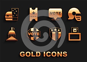 Set Vote, American football helmet, box, Shield with stars, White House, Burger and Baseball ticket icon. Vector