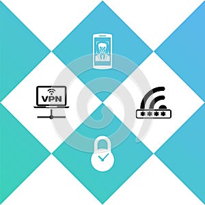 Set VPN Computer network, Padlock with clock, Mobile and face recognition and Wifi locked icon. Vector