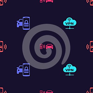 Set VPN Network cloud connection, Smart car security system, alarm and on seamless pattern. Vector