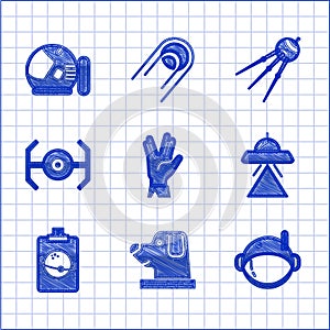 Set Vulcan salute, Dog in astronaut helmet, Astronaut, UFO flying spaceship, Planet, Cosmic, Satellite and icon. Vector