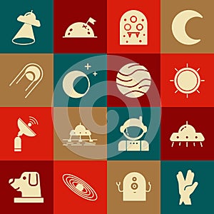 Set Vulcan salute, UFO flying spaceship, Sun, Alien, Moon and stars, Satellite, and Planet icon. Vector