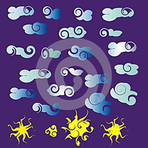 A set of vyutevatyh clouds and suns, cartoon style