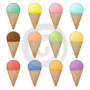 Set of waffle cones and ice cream scoops with different flavors and colors. Colorful sweet fruit dessert in waffle cones.