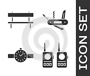 Set Walkie talkie, Bench, Wrist watch and Swiss army knife icon. Vector