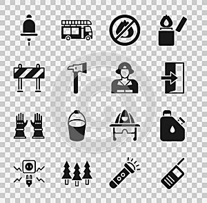 Set Walkie talkie, Canister fuel, Fire exit, No fire, Firefighter axe, Road barrier, Ringing alarm bell and icon. Vector