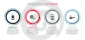 Set Walkie talkie, Fire hose reel, bucket and Pan with fire. Business infographic template. Vector