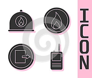 Set Walkie talkie, Firefighter helmet, Fire exit and Fire flame icon. Vector.